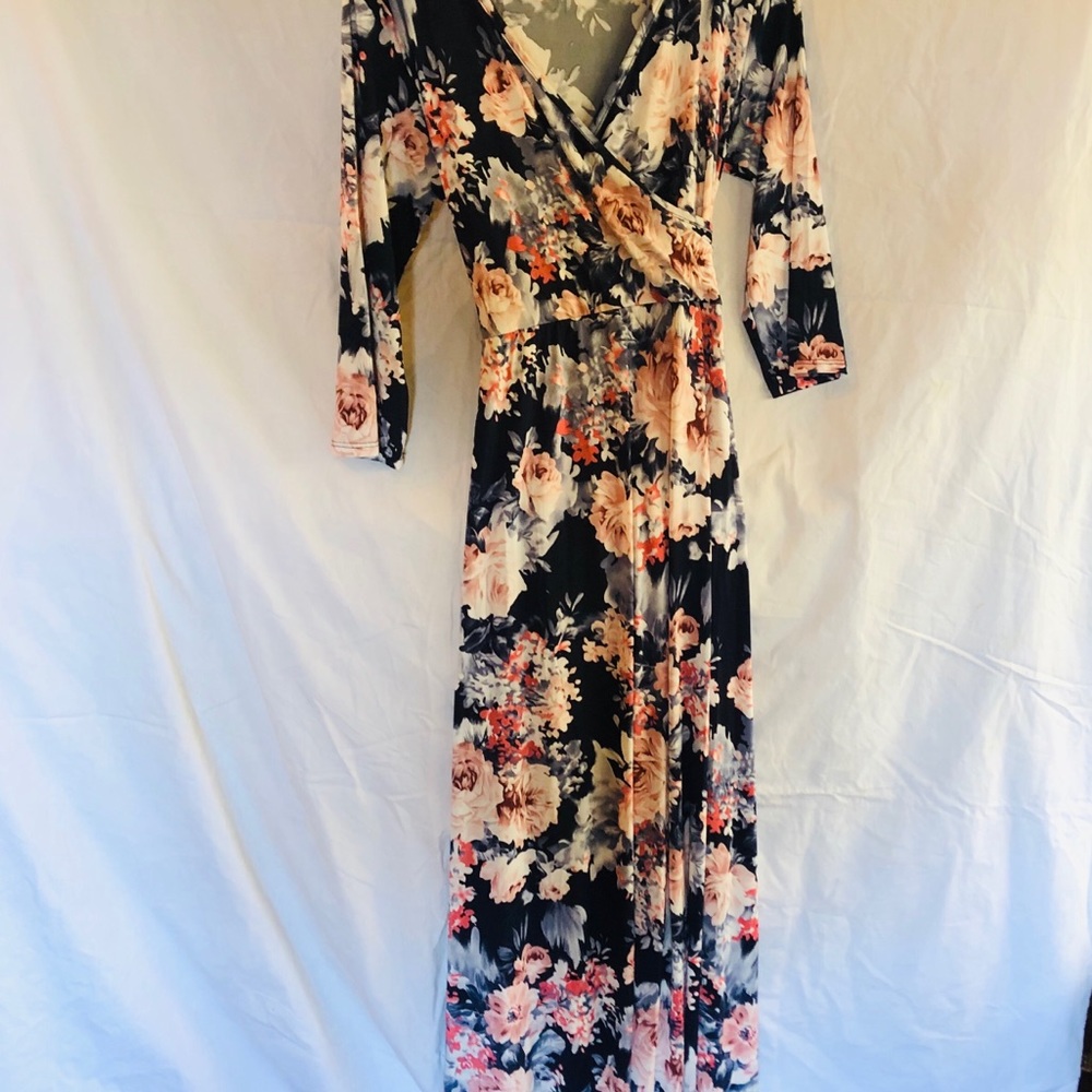 Floor length floral wrap around dress